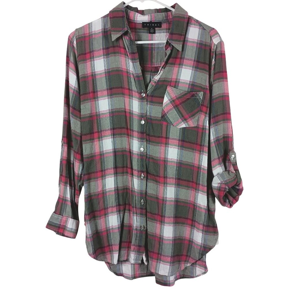 Plaid Flannel Button Up Shirt By Tribal M Roll Tab Sleeve Pink Gray Soft Girl